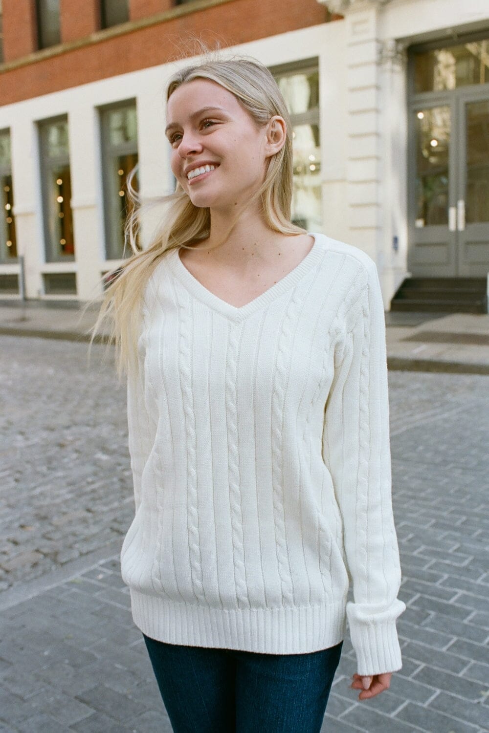 Ida Cotton Cable Knit V-Neck Sweater